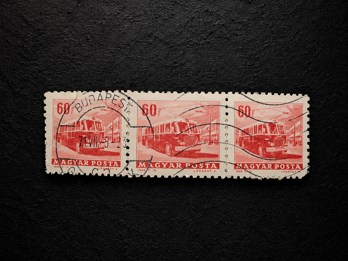 1968 Hungary 60 Fillér Bus Stamp Strip of 3 – Used – Budapest Postmark