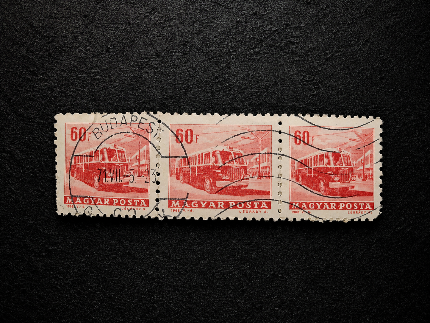 1968 Hungary 60 Fillér Bus Stamp Strip of 3 – Used – Budapest Postmark
